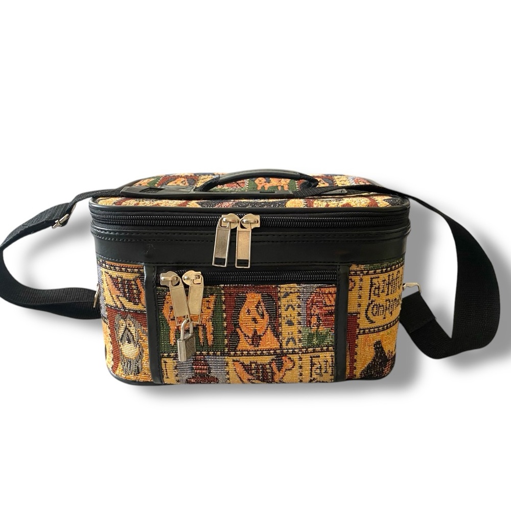 Vintage Tapestry Cat Train Case Kitschy Gobelin Makeup Travel Bag